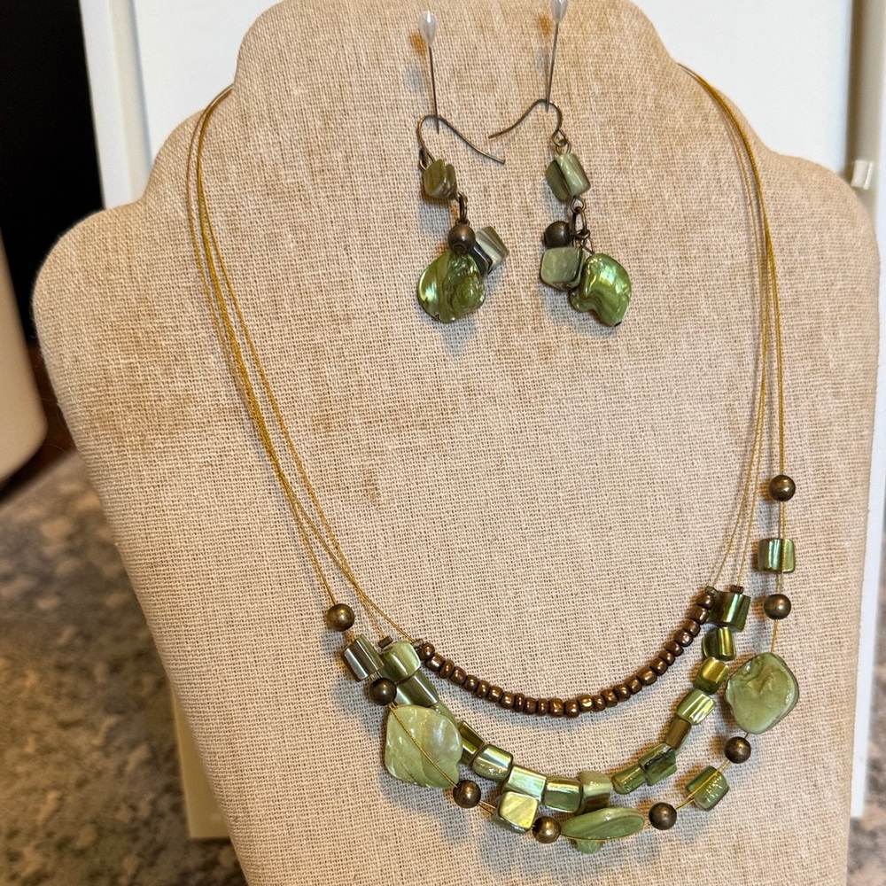 Green Multi-Strand Bead Necklace & Earrings Set